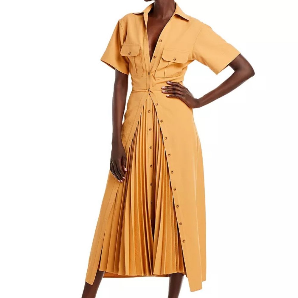 A.L.C. Mustard Button-Front Pleated Midi Dress